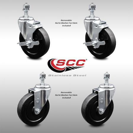 Service Caster 5 Inch SS Soft Rubber Wheel Swivel 1/2 Inch Threaded Stem Caster Brakes SCC, 2PK SCC-SSTS20S514-SRS-121315-2-TLB-2